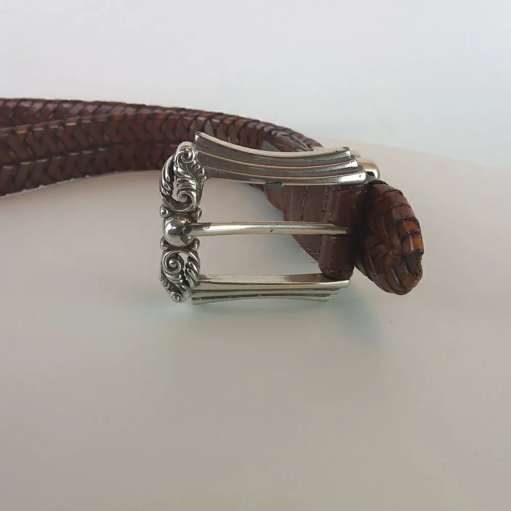 Brighton brown weaved leather belt with decorative silver buckle SZ. S/28